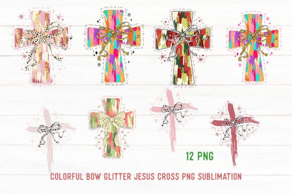 Colourful Bow Glitter Jesus Cross PNG for T-Shirt Designs