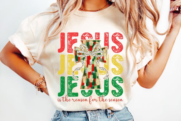 Glitter Jesus Christmas Cross PNG for T-Shirt Designs